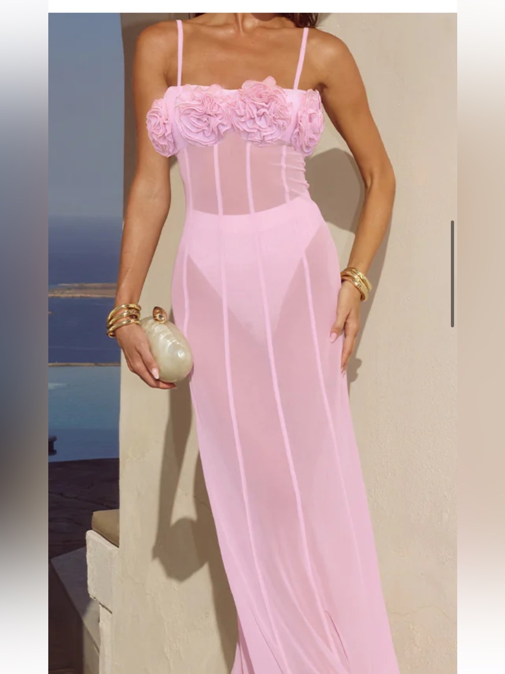 Pink Rosette Strap Maxi Dress with Sheer Panels